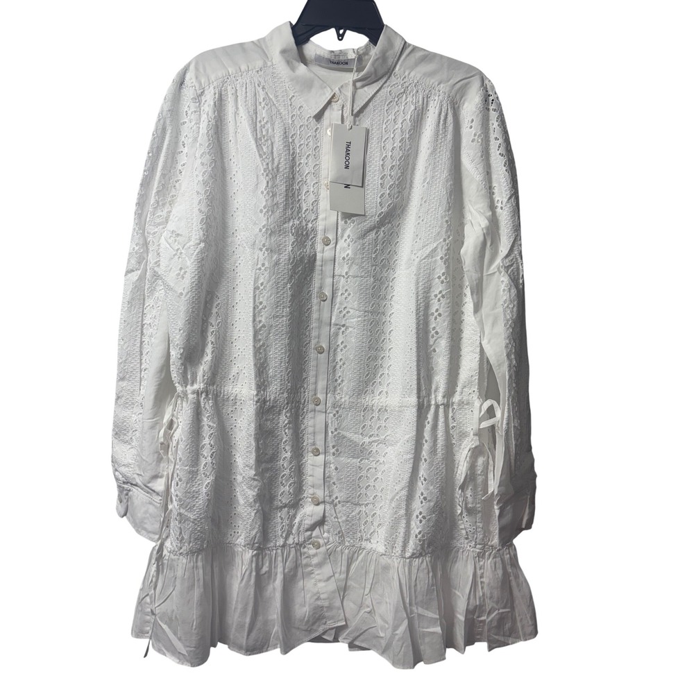 Thakoonā NEW Eyelet Button Up Tunic Mini Shirt Dress White Size 10
